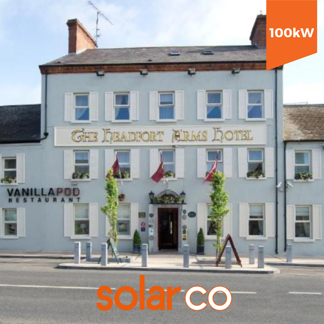 The Headfort Arms Hotel, with solar panels installed on its roof, demonstrating the hotel’s commitment to sustainability and reducing its environmental impact