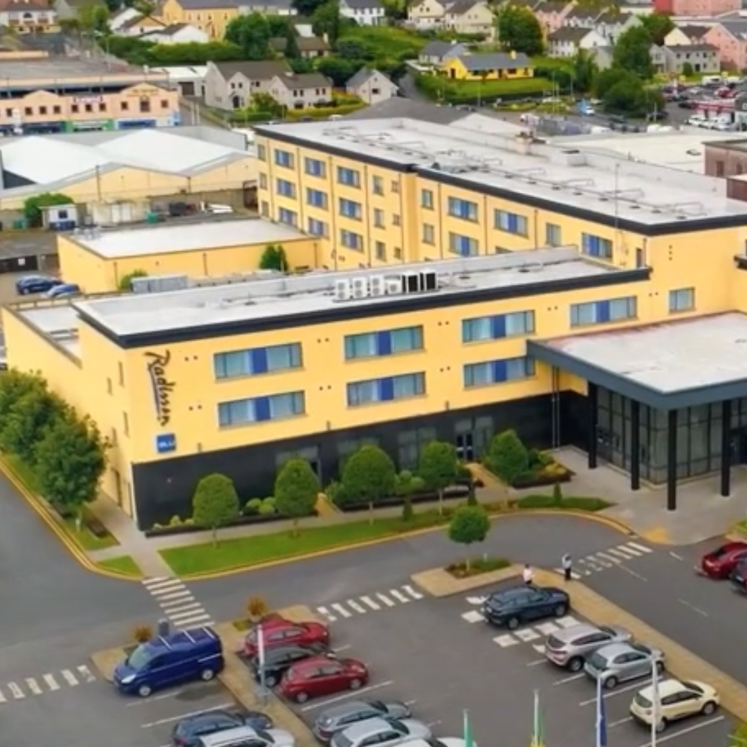 The Radisson Hotel in Letterkenny, featuring a solar energy system installed on its roof, promoting sustainability and energy efficiency for the hotel’s operations