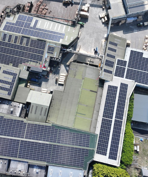 Solar panels installed at GP Wood's facility, part of their commitment to sustainability, generating renewable energy to power their operations and reduce carbon emissions